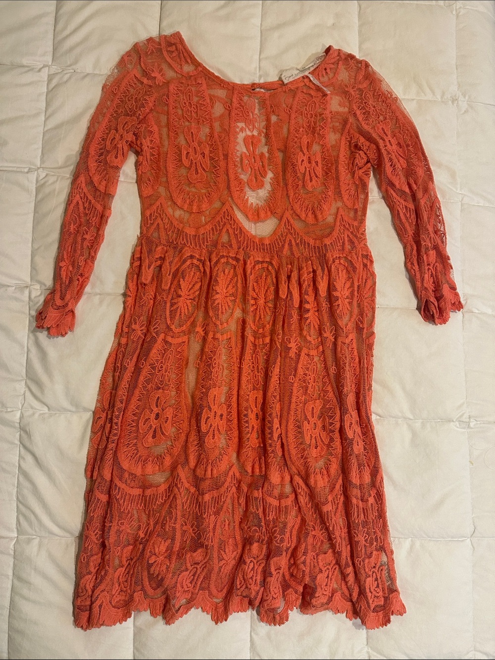 Free People Coral Lace Long-Sleeve Midi Dress
